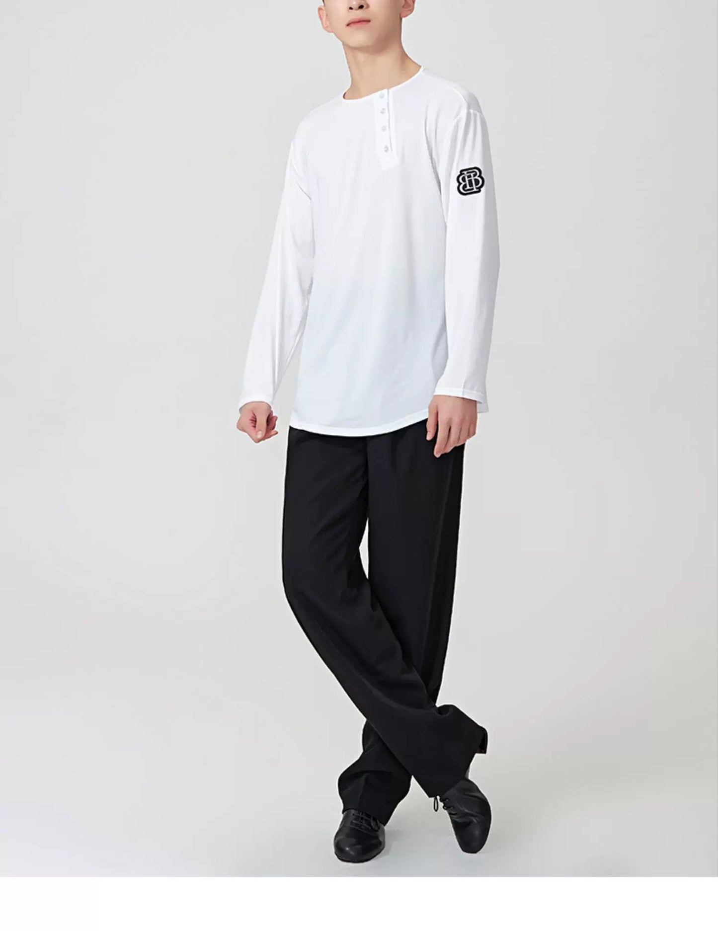 BOBO.L074 Boys Latin Dance Suit Crew Neck Black and White T-Shirt Men's Ballroom Dance Professional Latin Practice Suit Dance Top