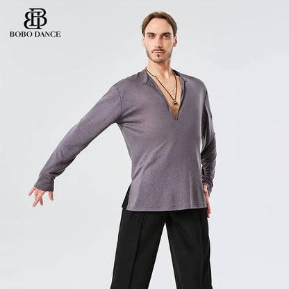 BOBO. L157 Boys Latin Dance Clothing High-end Professional Practice Clothing Men's Adult Loose Long Sleeve Top