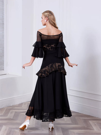 TID ballroom practice top and skirt advanced one-word shoulder waltz ballroom dance wear B016/S038