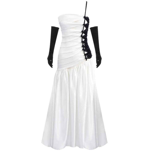 BD2597 Mermaid one-shoulder black and white contrasting satin dress