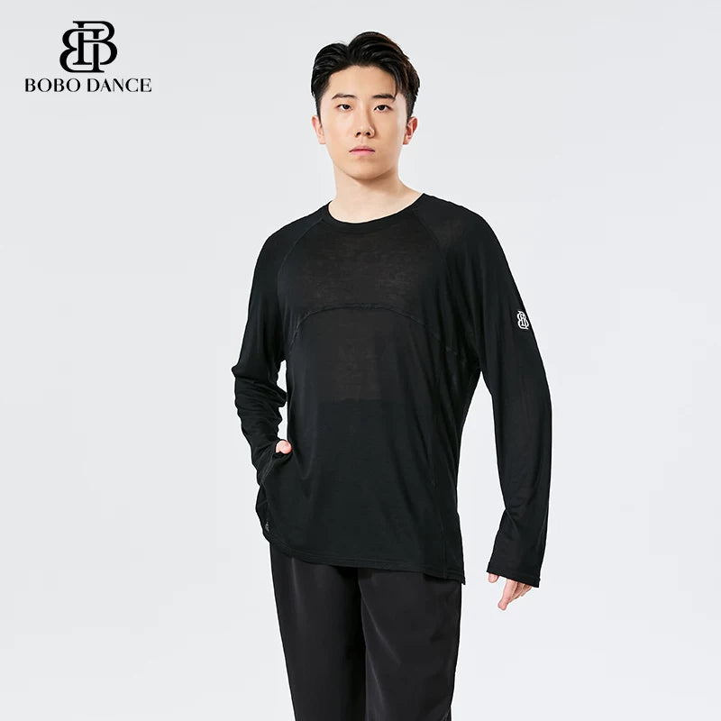 BOBO. L159 Boys Latin Dance Suit Crew Neck Long Sleeve T-Shirt Men's Ballroom Dance Professional Latin Practice Suit Dance Top