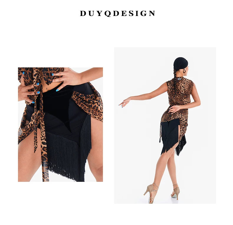 DUYQ "Leopard Girl" 002 Original Splicing Tassel Skirt National Standard Women's Latin Dance Practice Suit