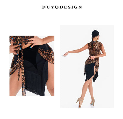 DUYQ "Leopard Girl" 002 Original Splicing Tassel Skirt National Standard Women's Latin Dance Practice Suit