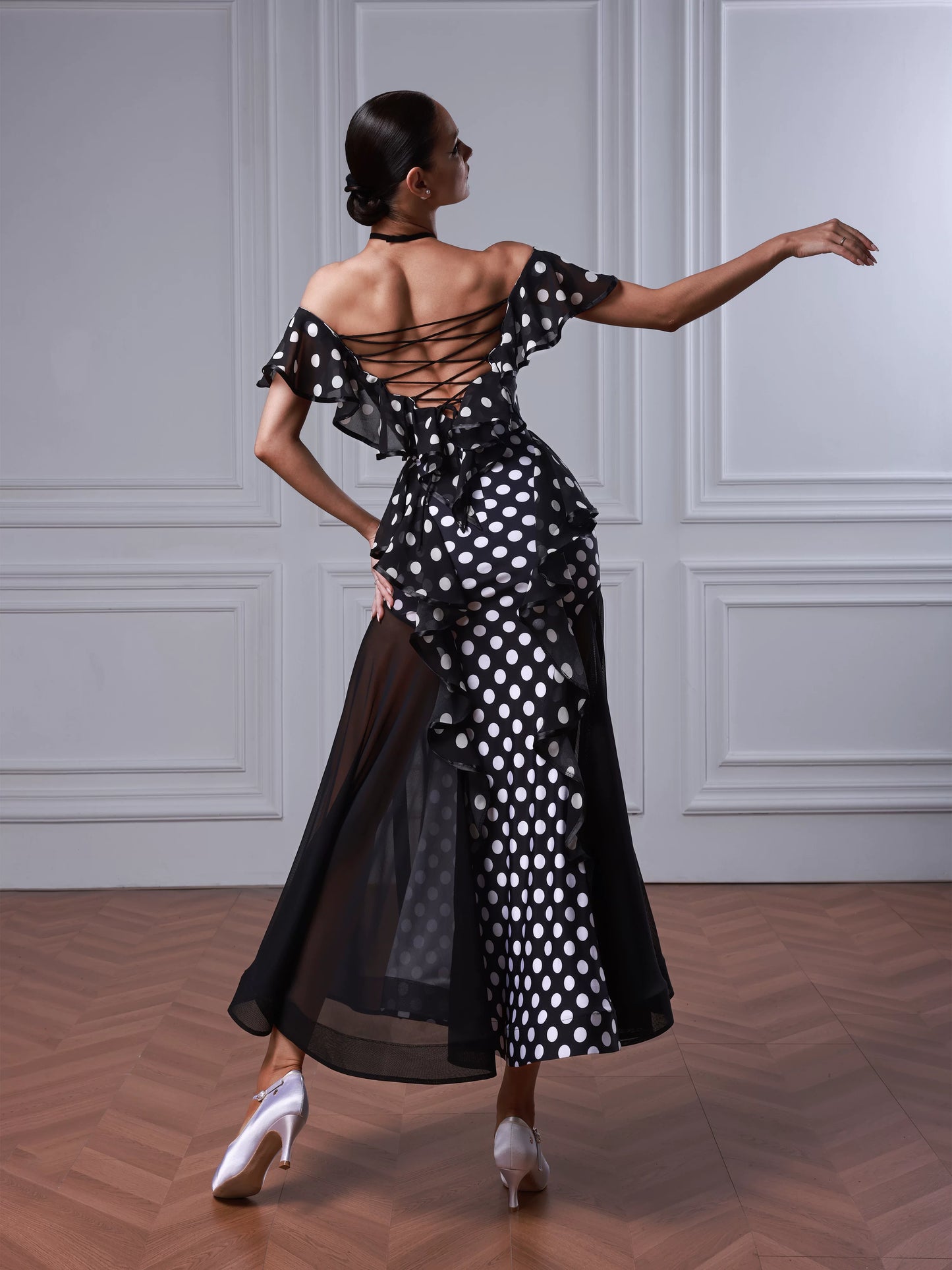 TID modern dance dress black and white polka dot lace dress high-end waltz swing dress
