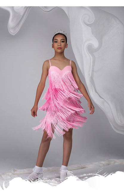 WJ Latin dance suspender fringed dress for girls 2025 new backless practice clothes competition flower clothes
