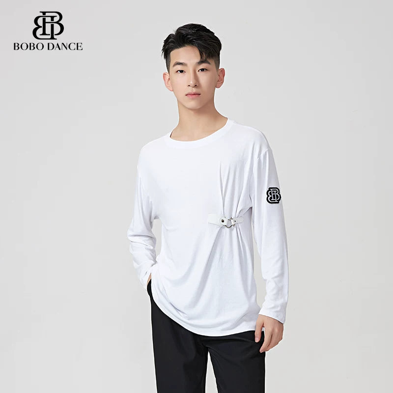 BOBO-DANCE.L077 Neck Black and White Dance Top T-Shirt Men's Ballroom Dance Professional Latin Practice Suit