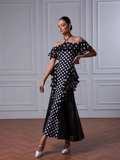 TID modern dance dress black and white polka dot lace dress high-end waltz swing dress