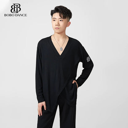 BOBO.L073 Boys Latin Dance Suit Crew Neck Black and White T-Shirt Men's Ballroom Dance Professional Latin Practice Suit Dance Top