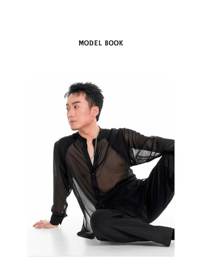 DUYQ "Men's Series" 001 Light and transparent texture small stand-up collar shirt National standard men's Latin dance professional