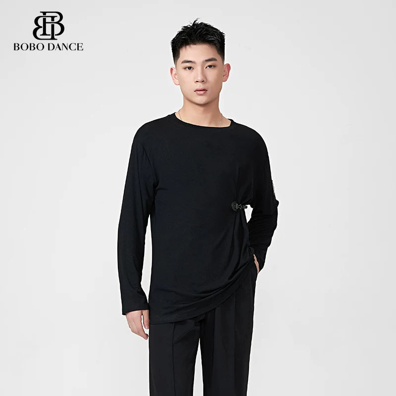 BOBO-DANCE.L077 Neck Black and White Dance Top T-Shirt Men's Ballroom Dance Professional Latin Practice Suit