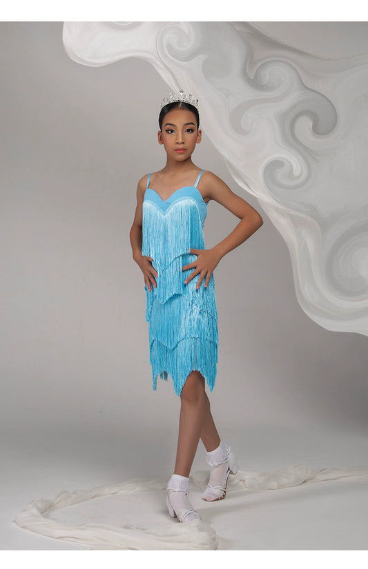 WJ Latin dance suspender fringed dress for girls 2025 new backless practice clothes competition flower clothes