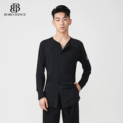 BOBO-DANCE.L083 Men's Latin Dance Suit Training Uniform Boys Adult Autumn and Winter Loose Long Sleeve Top Crew Neck T-Shirt Practice