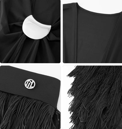 Black dress with feather details and a white bow on a white background