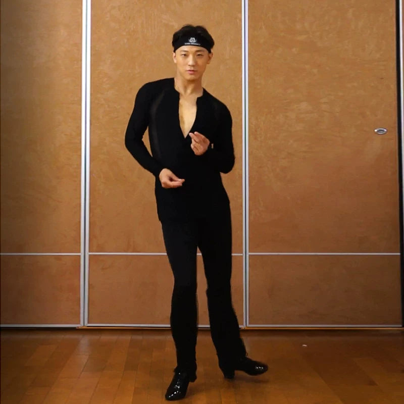 DONG XIN.NY191 dance suit V-neck waist T-shirt men's Latin slim-fit top Latin practice suit dance fitness suit