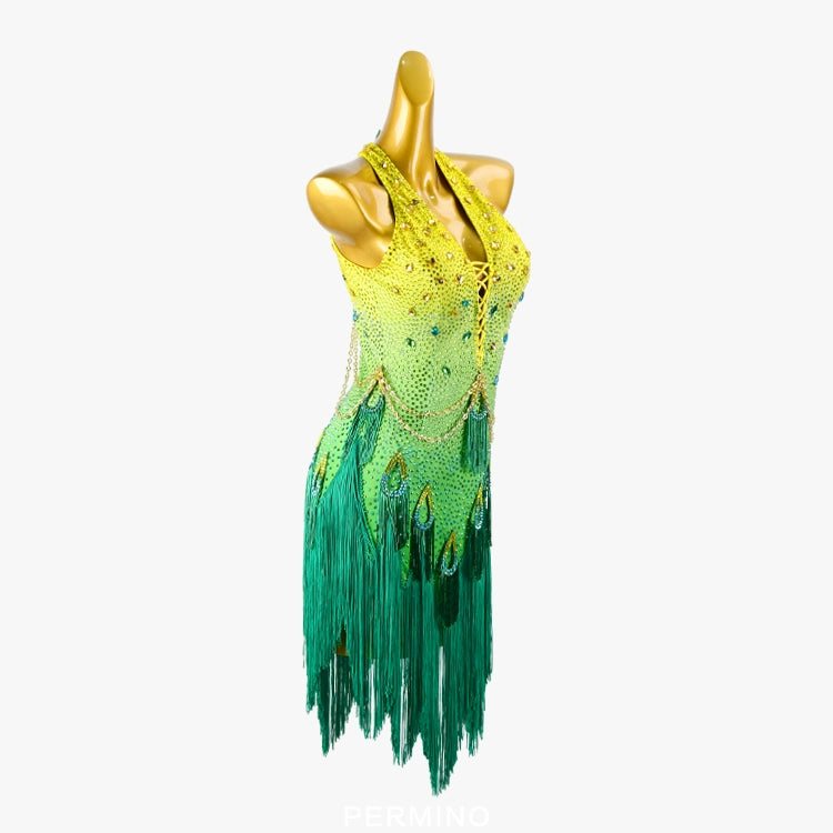 PERMINO.L026F Vibrant Yellow-Green Gradient Fringe Latin Dance Dress