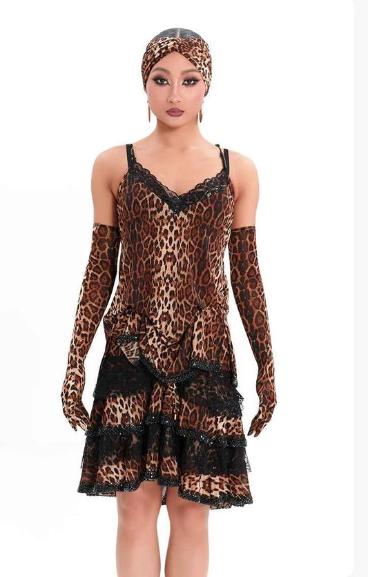 DUYQ "Leopard Hidden, Xia Ying" Latin 017 Leopard Print Lace Suspender Top National Standard Women's Latin Dance Practice Suit