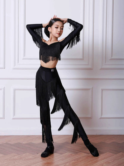 TID Latin dance suit girls autumn and winter practice suit fringed dance pants practice suit national standard dance suit
