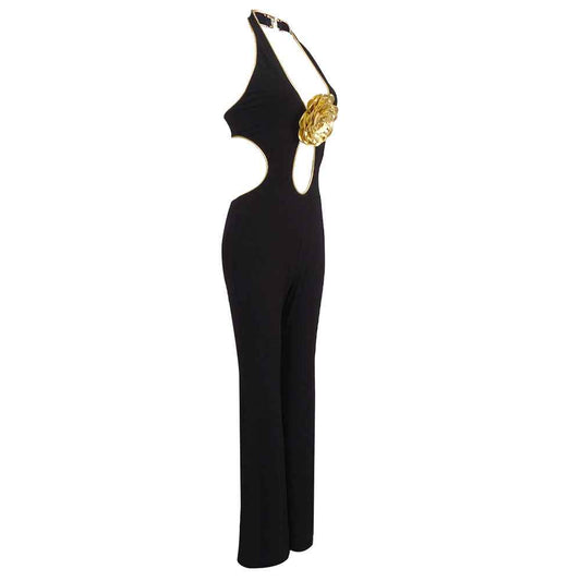 BD2561 Golden Flower Sleeveless Backless Halter Jumpsuit