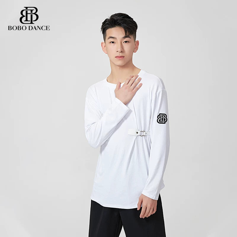 BOBO-DANCE.L077 Neck Black and White Dance Top T-Shirt Men's Ballroom Dance Professional Latin Practice Suit