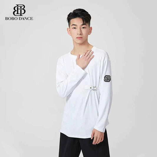BOBO-DANCE.L077 Neck Black and White Dance Top T-Shirt Men's Ballroom Dance Professional Latin Practice Suit