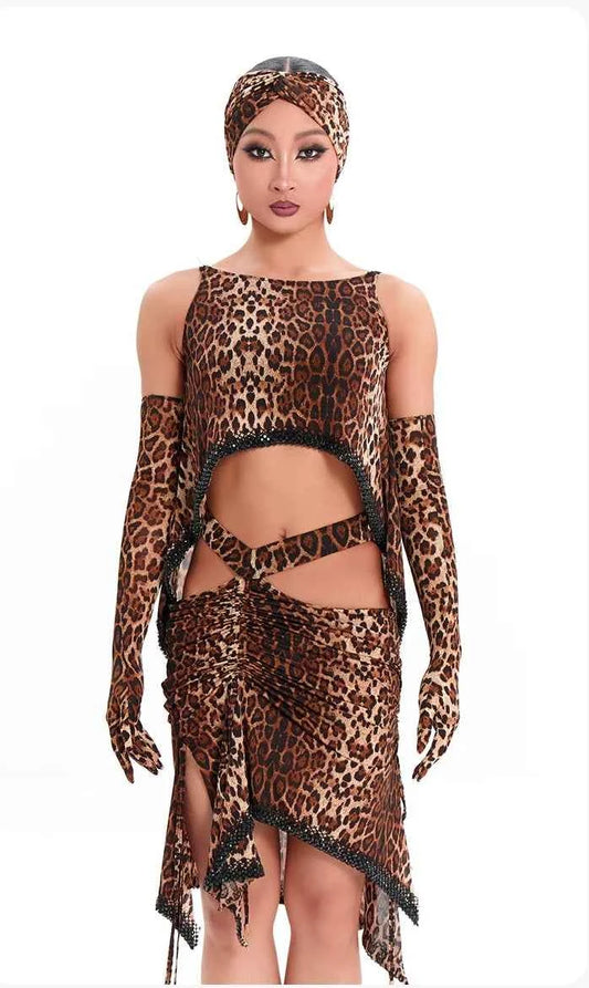 DUYQ "Leopard Hidden, Xia Ying" Latin 001 Original Suspender Split Top National Standard Women's Latin Dance Practice Suit