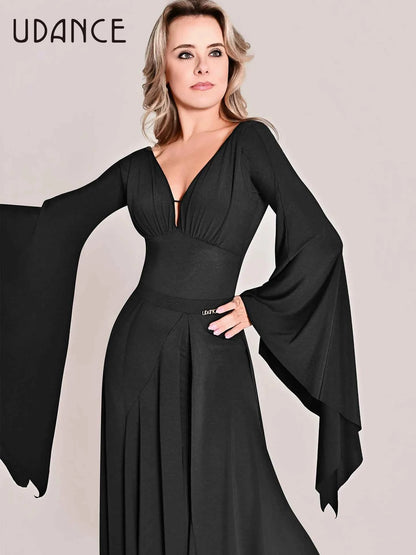 UDANCE long-sleeved ballroom dance top leaking back body suit elegant premium back strap AMD10