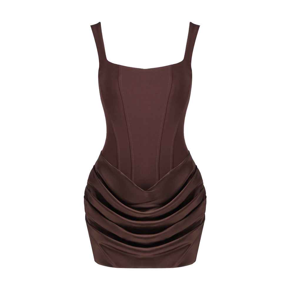 Z0070 Square neck suspender pleated design sleeveless short skirt