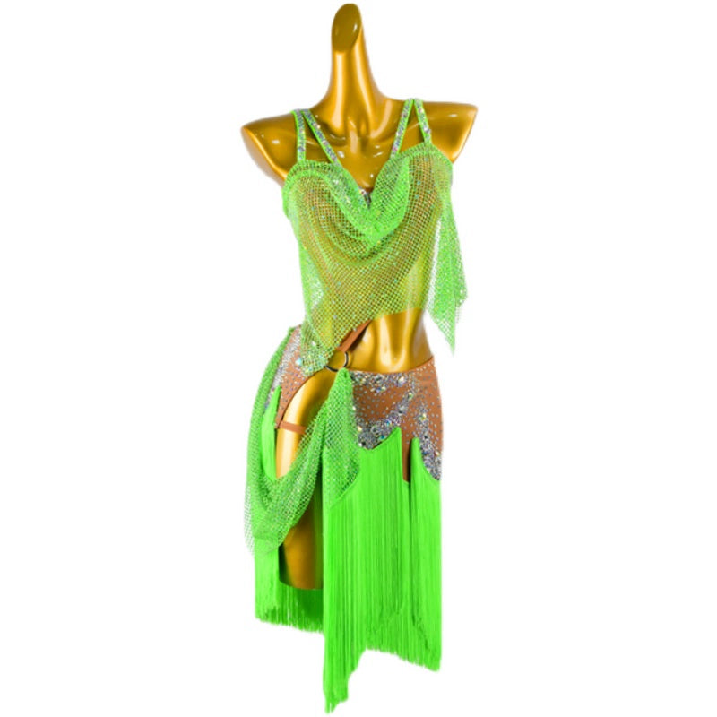 PERMINO.L027F Neon Green Latin Dance Dress – Mesh & Fringe with Crystal Accents