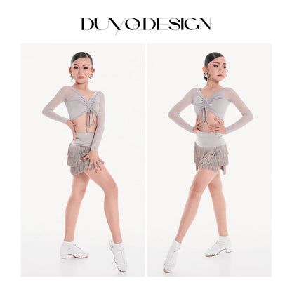 DUYQ children's style "Mountain Awakening Spring" 001 pleated top long-sleeved Latin dance girls' practice clothes professional