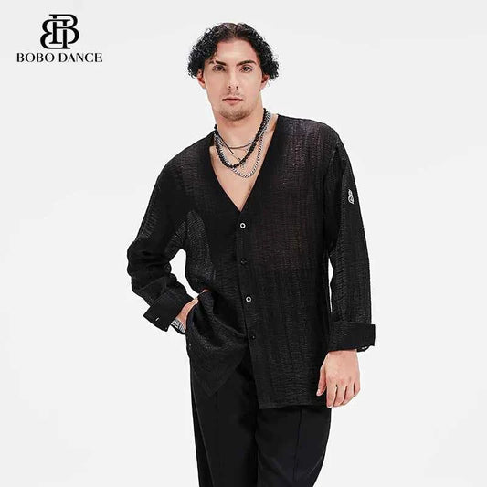 BOBO Men's Latin Dance Suit Shirt High-end Professional Practice Suit Adult Couple Top Long Sleeve Boys