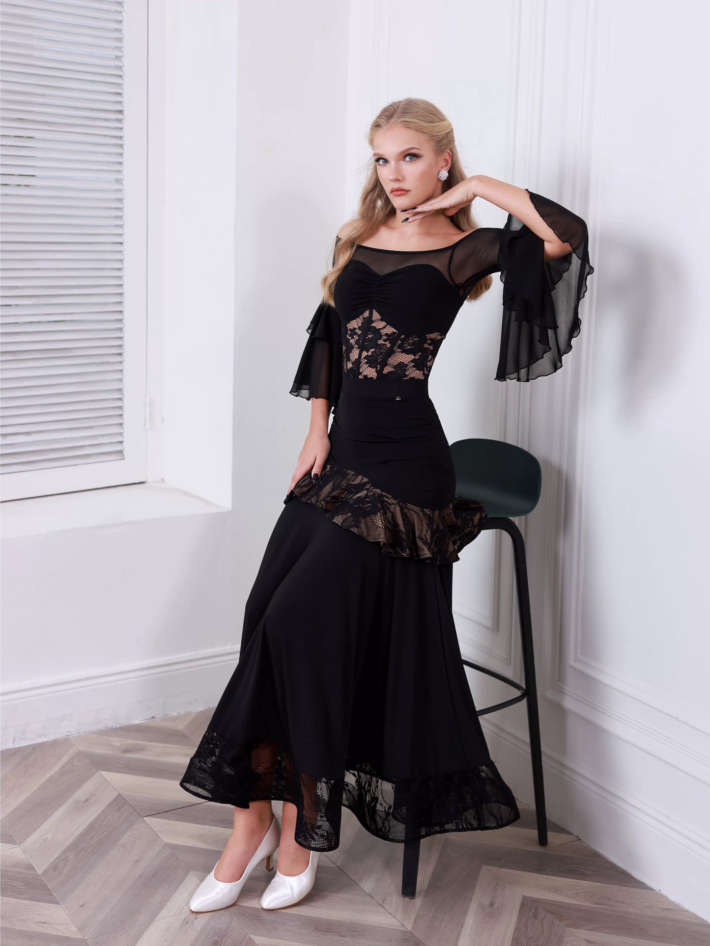 TID ballroom practice top and skirt advanced one-word shoulder waltz ballroom dance wear B016/S038