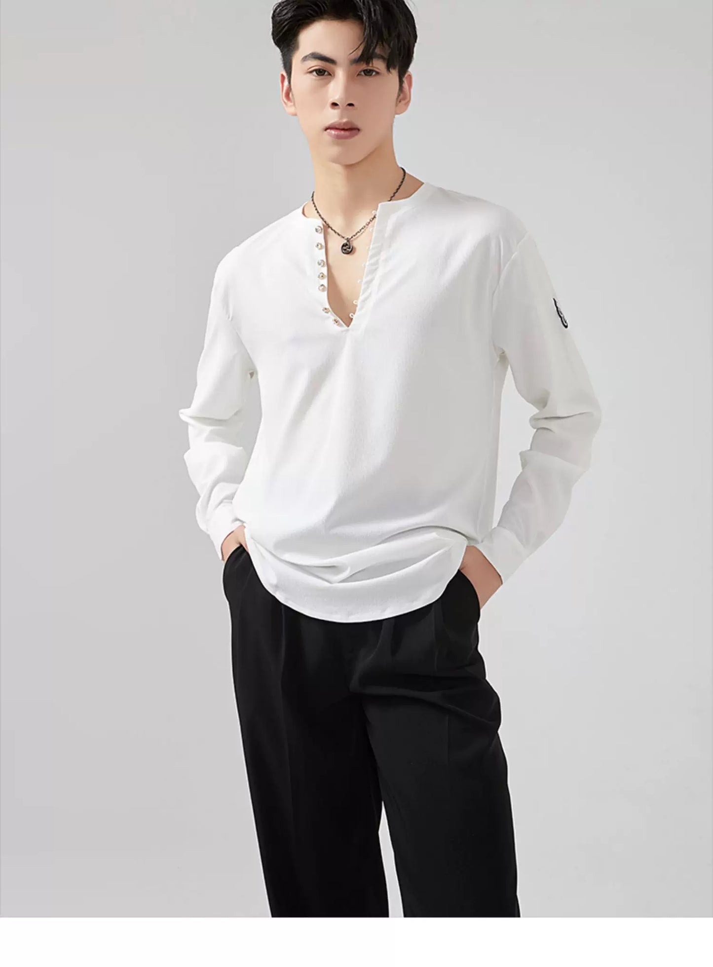 BOBO Boys Latin Dance Suit V-Neck Black and White Dance Top T-Shirt Men's Ballroom Dance Professional Latin Practice Suit