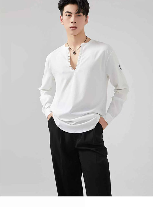 BOBO Boys Latin Dance Suit V-Neck Black and White Dance Top T-Shirt Men's Ballroom Dance Professional Latin Practice Suit