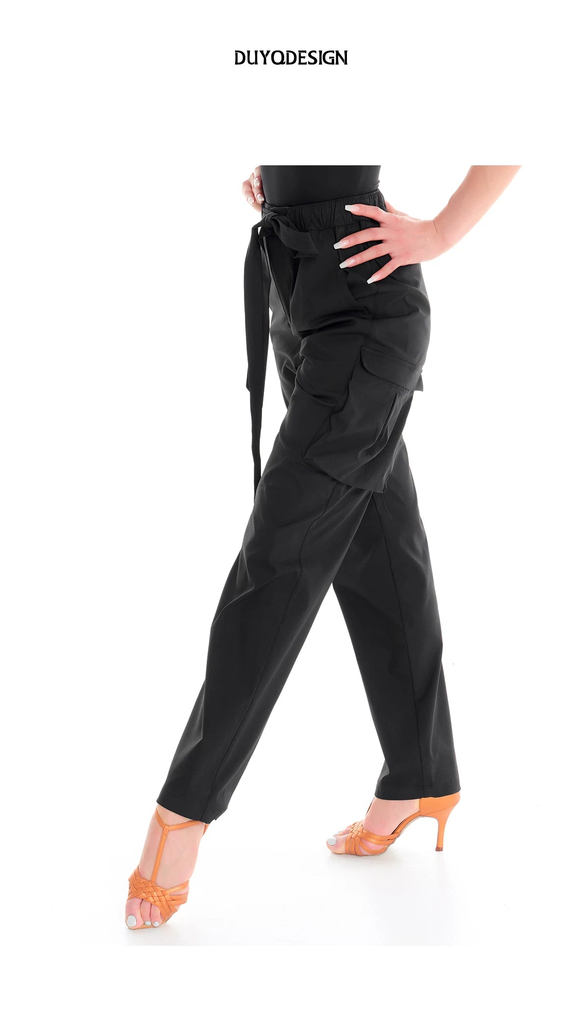 DUYQ "Female Teacher Series" 008 Black three-dimensional pocket drawstring elastic waist trousers Latin dance suit professional