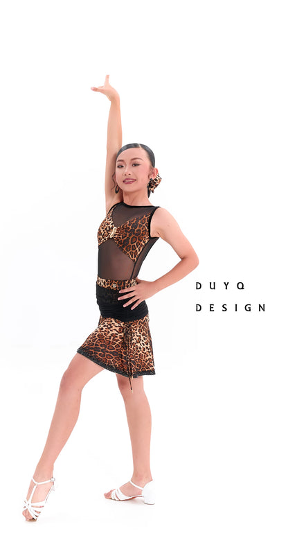 DUYQ children's style "Leopard Hidden Xia Ying" 010 mesh top gymnastics suit girls Latin dance practice suit - Mine·Jas