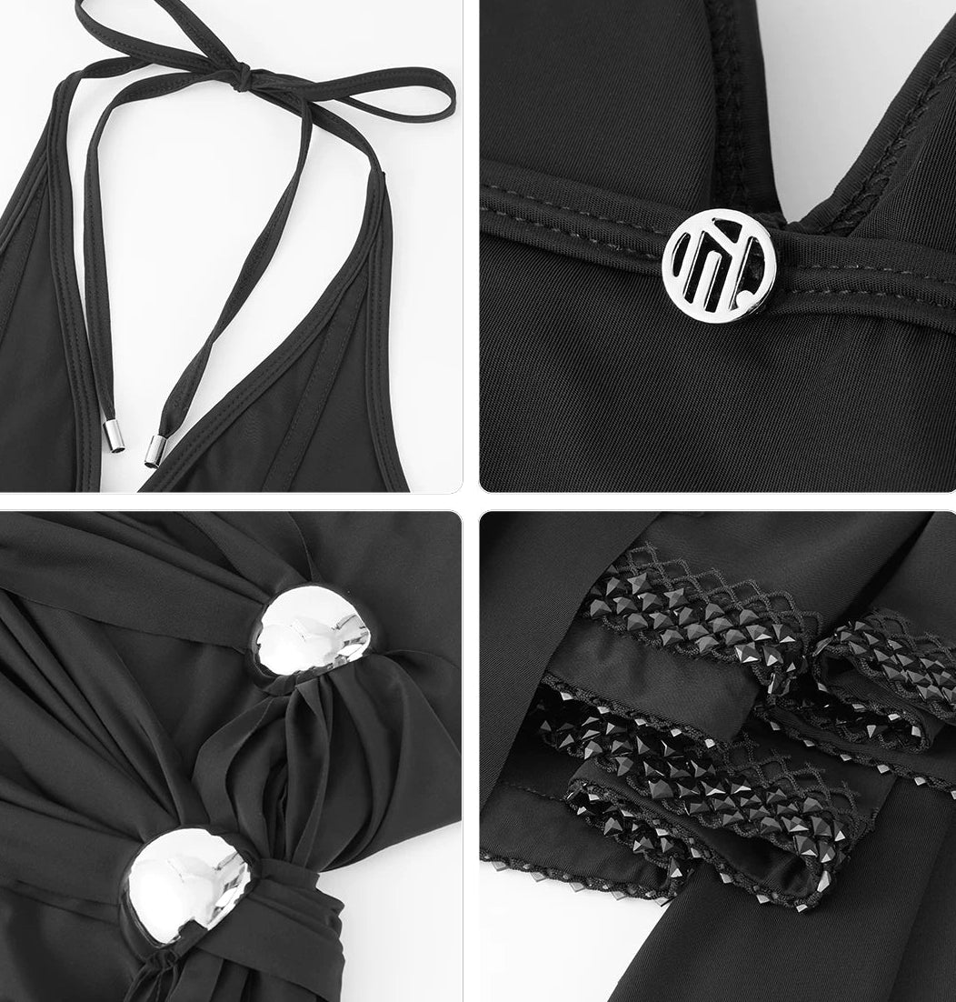 Black and white outfit with decorative elements on a white background
