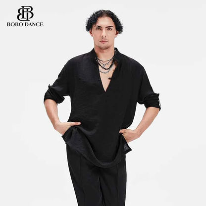 BOBO Boys Latin Dance Clothing High-end Professional Practice Clothing Men's Adult Loose Art Test Short Sleeve Top
