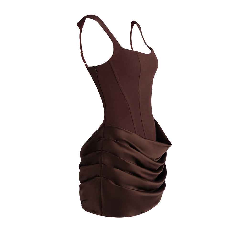 Z0070 Square neck suspender pleated design sleeveless short skirt