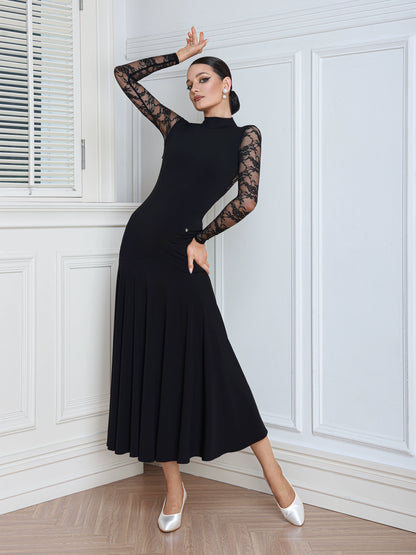 TID women's lace long-sleeved ballroom dance performance standard swing dress D035