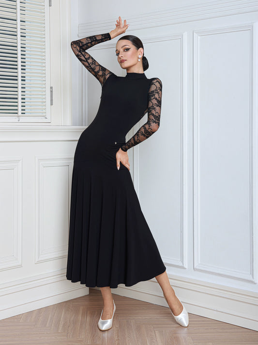 TID women's lace long-sleeved ballroom dance performance standard swing dress D035