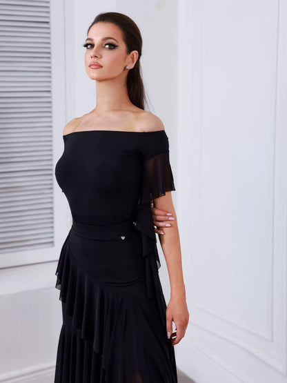 TID new ballroom practice top and skirt advanced one-word shoulder ballroom dance skirt and top B060/S039