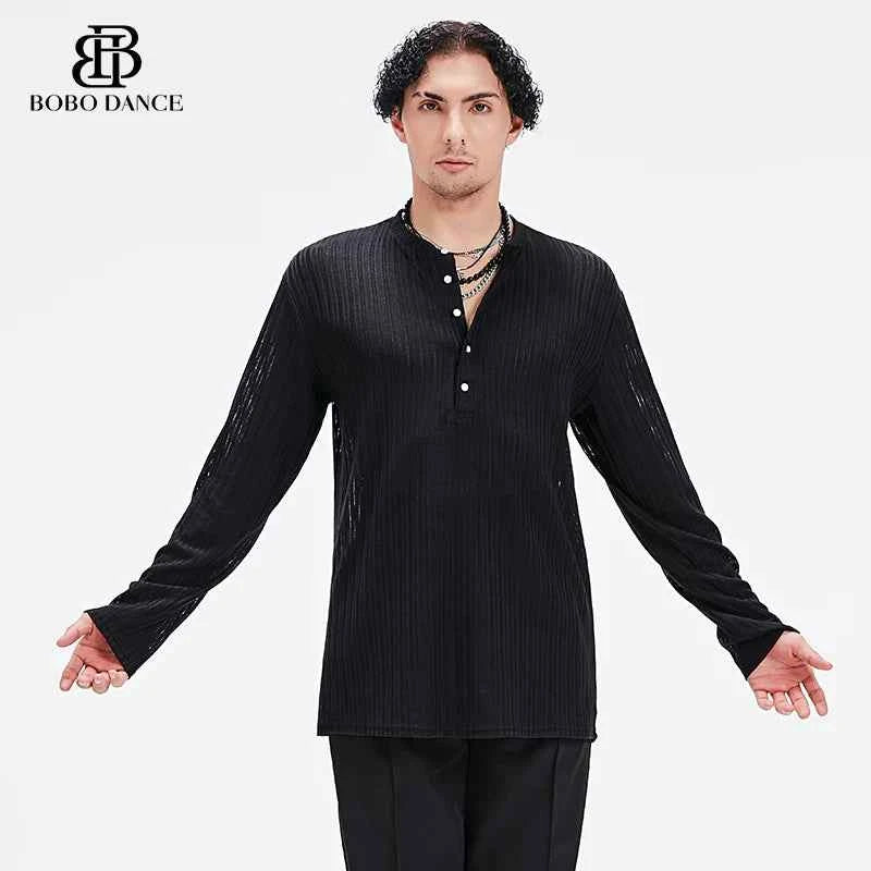 BOBO Men's Latin Dance Suit High-end Professional Practice Suit Adult Personality Performance Top Long Sleeve Dance Suit