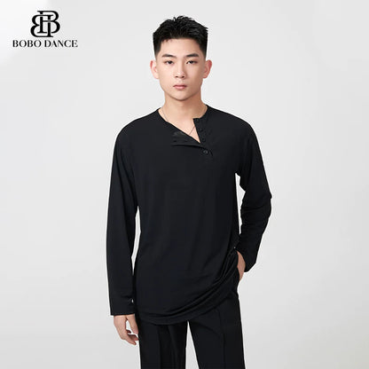 BOBO.L074 Boys Latin Dance Suit Crew Neck Black and White T-Shirt Men's Ballroom Dance Professional Latin Practice Suit Dance Top
