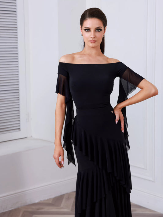 TID new ballroom practice top and skirt advanced one-word shoulder ballroom dance skirt and top B060/S039