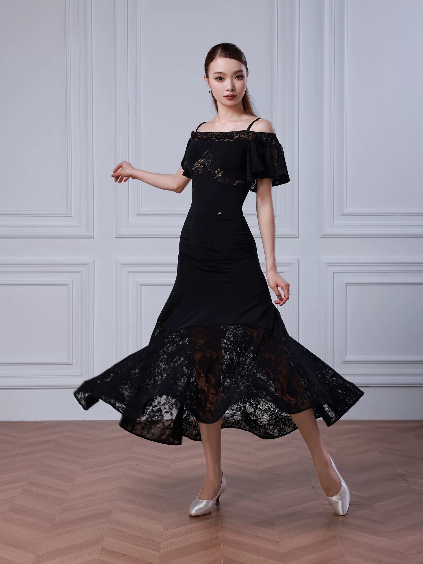 TID new modern dance skirt ballroom dance waltz swing skirt lace fishbone skirt national ballroom dance suit B077 + S047