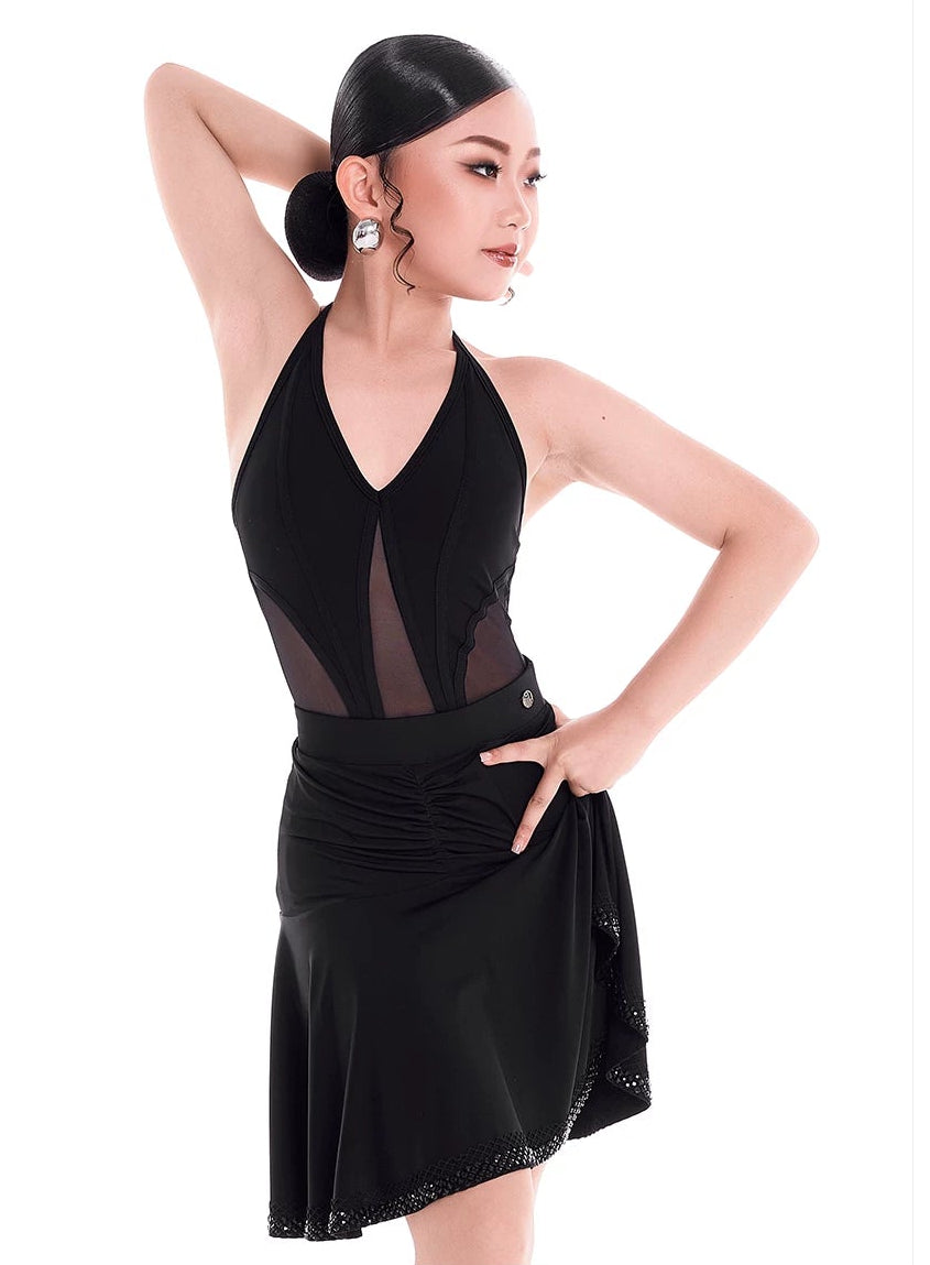 A woman modeling a black Latin dance dress with sheer mesh panels and a flared skirt, posed against a white background with the brand name 'DUYODESIGN' printed above.