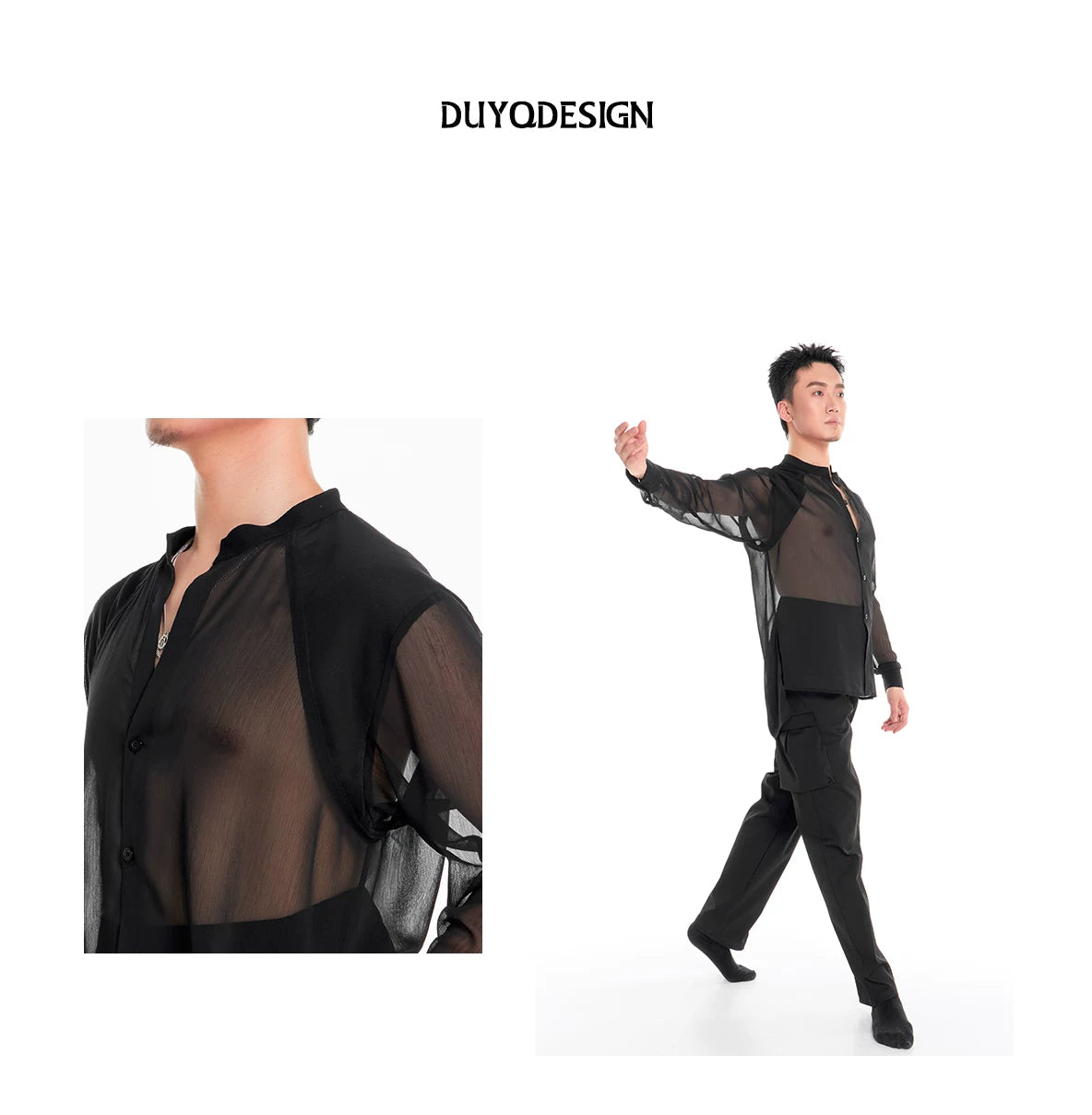 DUYQ "Men's Series" 001 Light and transparent texture small stand-up collar shirt National standard men's Latin dance professional