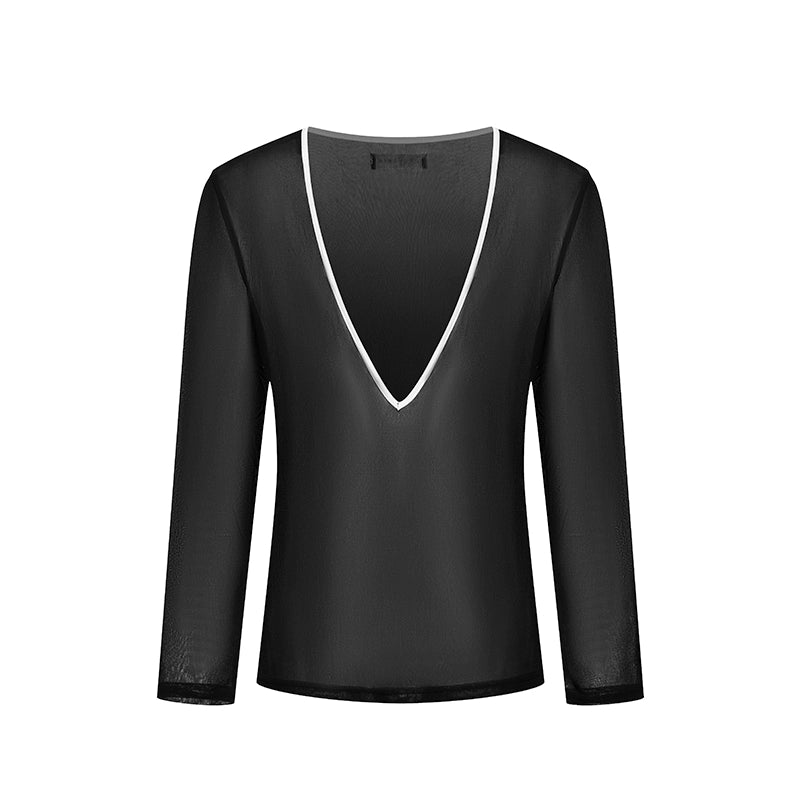 DUYQ "Black and White" Men's 011 Deep V Long Sleeve Top Adult National Standard Latin Dance Practice Performance Clothing Professional