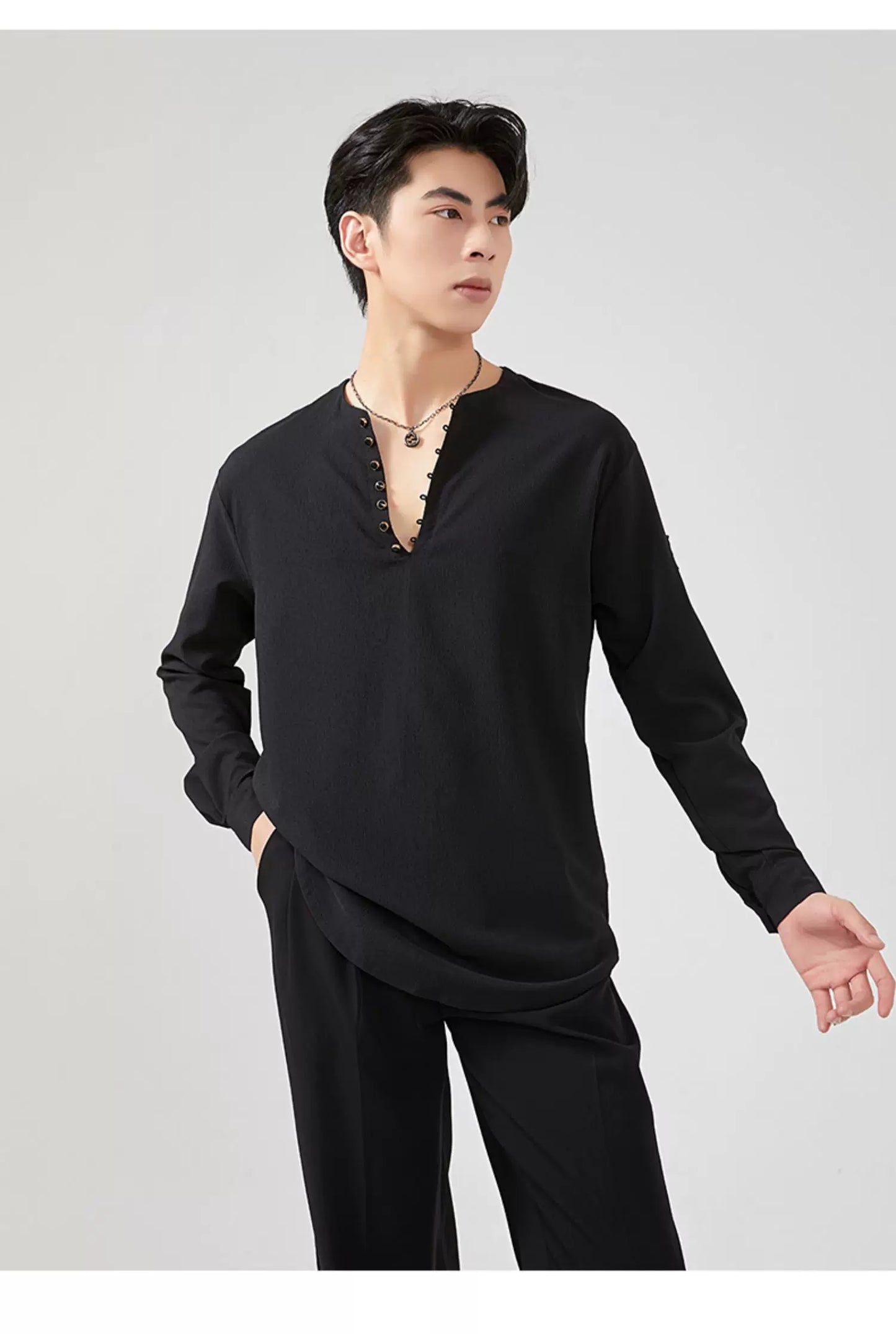 BOBO Boys Latin Dance Suit V-Neck Black and White Dance Top T-Shirt Men's Ballroom Dance Professional Latin Practice Suit