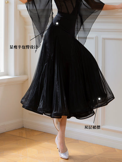 TID Ballroom skirt double-layer skirt temperament national standard long skirt adult ballroom dance practice clothes